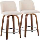 Toriano 24" Swivel Counter Stool in Walnut Wood & Cream Noise Fabric with Chrome Footrest (Set of 2)